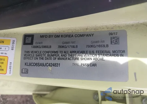 2018 Chevrolet Spark 1Lt Cvt z USA, uszkodzony, nr VIN KL8CD6SA9JC424831